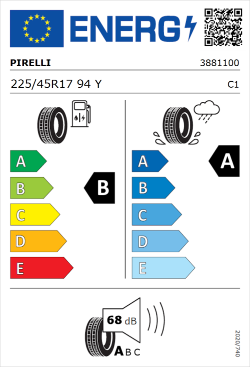Tyre Label for Pirelli Powergy 225/45R17 94Y